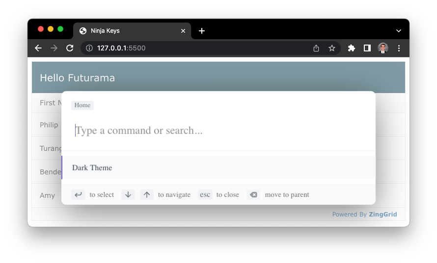 A command palette with a single item listed: "Dark Theme". This palette sits atop a simple zing grid.