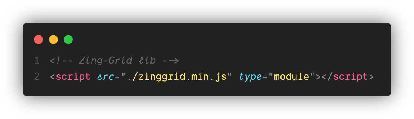 The minified ZingGrid library script file used as the source for a module script tag.