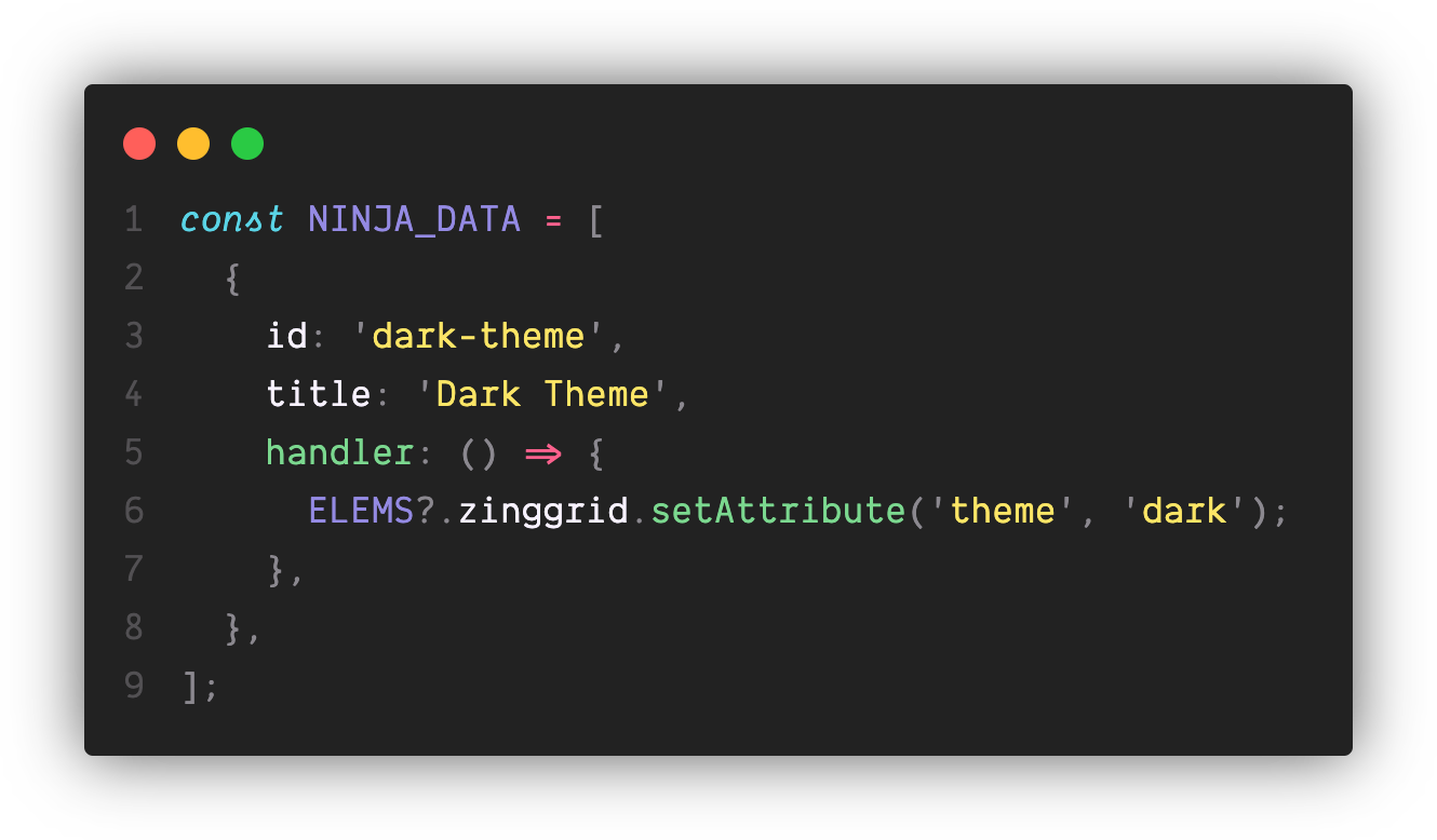 An array with a single shortcut object. The shortcut object has an id and title of dark theme, and a handler function with sets Zing Grid's theme attribute to dark.