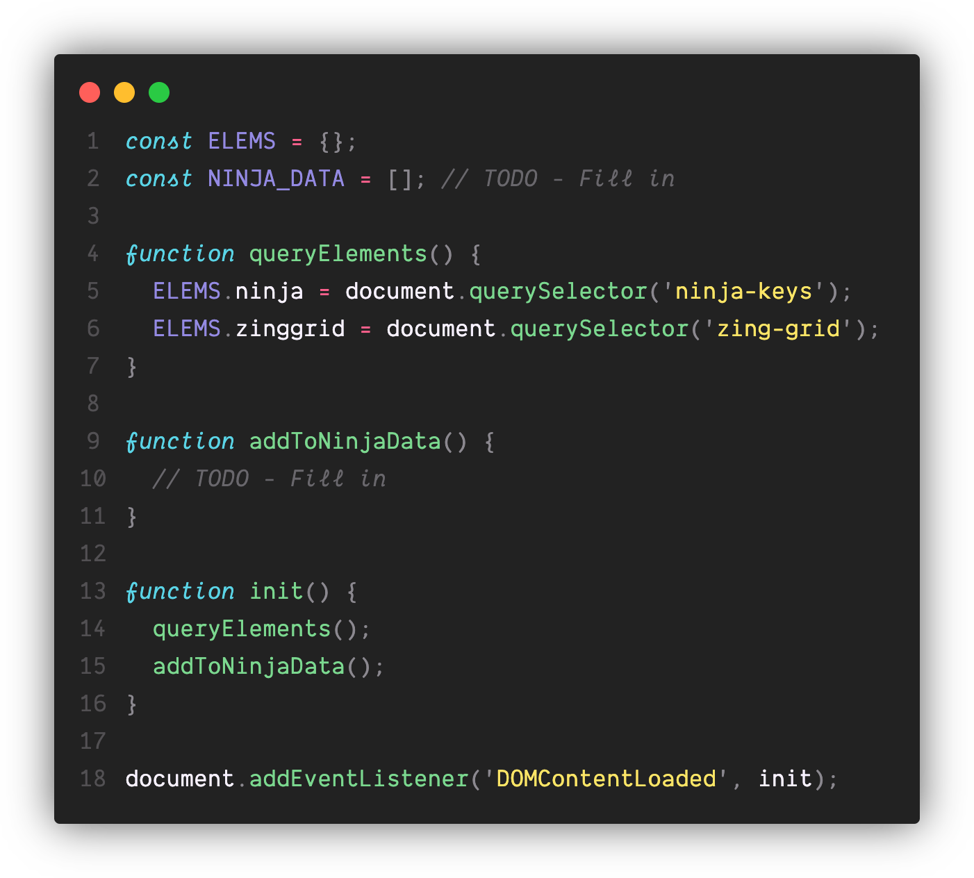 A code stub for the ninja keys demo. Waits for page to be initialized, then queries for elements, and finally adds some pre-written ninja keys element data to the ninja keys element.