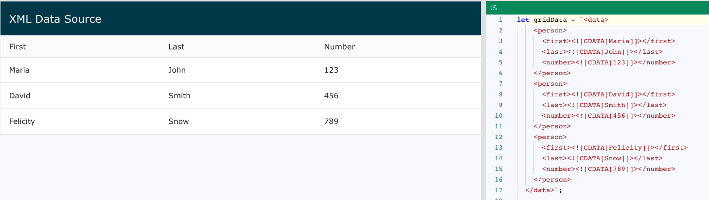 A picture showing how XML data source type are displayed