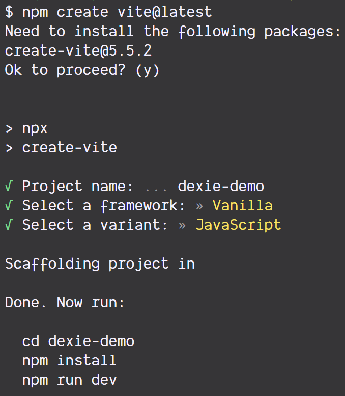 Terminal output for running "npm create vite@latest"